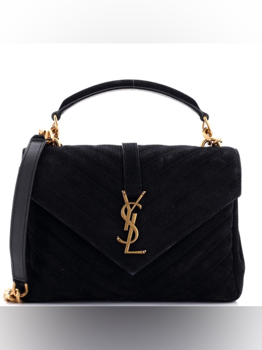 YSL Saint Laurent Black Quilted Corduroy Crossbody with Gold Hardware